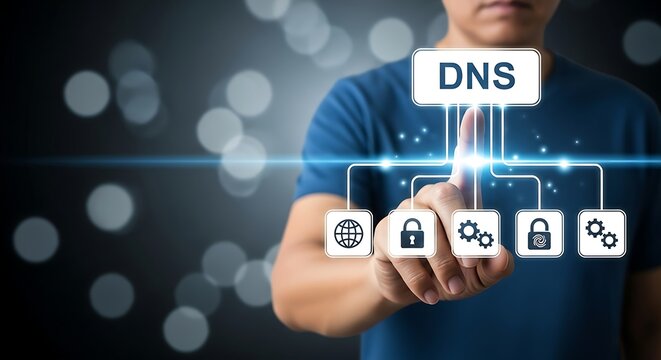 DNS domain name system and web server network system concept. A person Pointing out DNS diagram with icons of globe ,gear and lock ,website name,Hosting on website creation,Domain Registration .