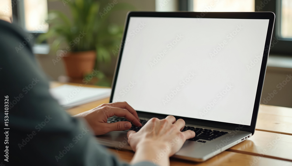 Poster business man uses laptop with blank screen for text. office background with table, flowerpot with pl