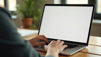 Business man uses laptop with blank screen for text. Office background with table, flowerpot with plant. Back view of hands typing on notebook keyboard. Tech, work, online, business, job, modern
