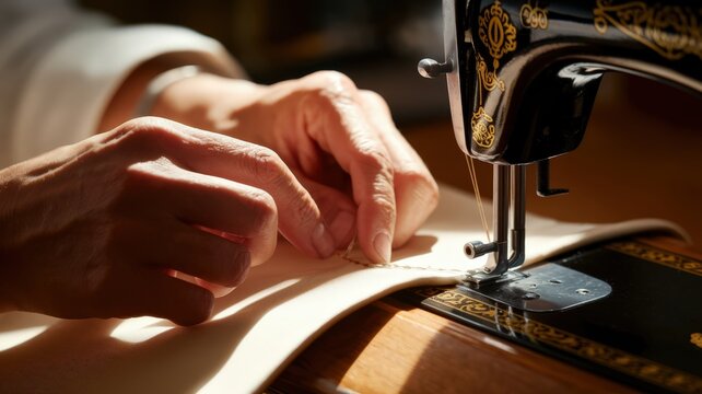 Close up of woman hands guiding fabric through a vintage sewing machine for a precise stitch.
