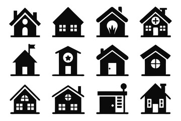 Collection of black and white house icons illustrating various building designs and styles