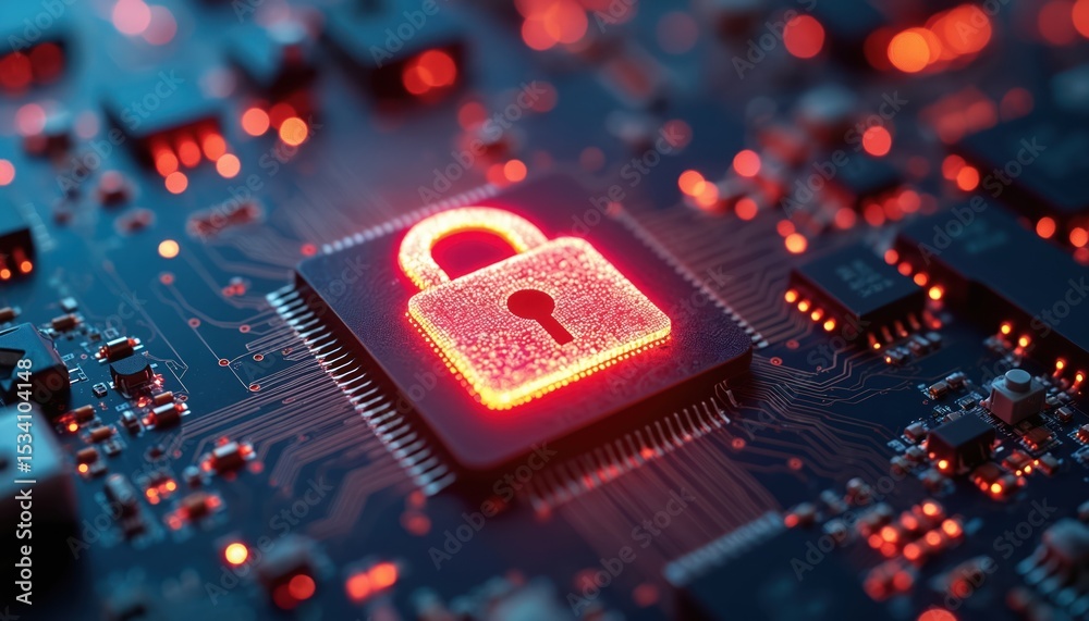 Aufkleber Glowing red padlock on circuit board with orange blue lights. IoT vulnerability concept. Cyber security, digital protection. Data encryption, secure network. Technology, digital safety, data