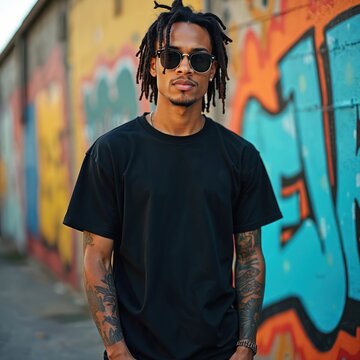 Young man with dreadlocks in sunglasses stands against graffiti art. Tattooed arms, blank black t-shirt mock up. Urban street style, casual wear, youth culture. Front view, model poses outdoors in