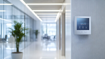 Modern office hallway with digital control panel on the wall