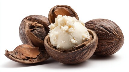 Ultra quality image of shea nut filled with shea butter. on white background.