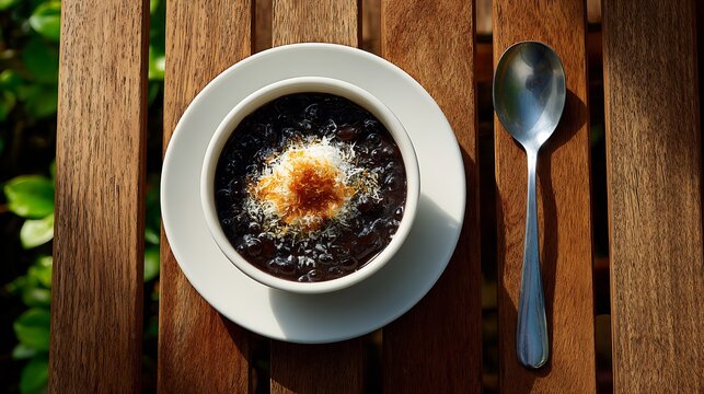 Vietnamese sweet black glutinous rice soup che nep cam coconut topping in white bowl placed on garden table under sunlight top down view