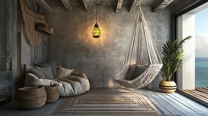 Coastal Bohemian Relaxation Room.  A tranquil space featuring a hammock, oversized cushions, woven baskets, and a  palm plant, offering a serene coastal view