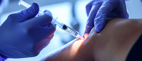 Hands in medical gloves injecting a medication into a patient's leg with a cooling wave effect