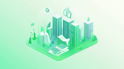 Fototapeta premium Isometric illustration of a green smart city with eco-friendly buildings, solar panels, and smart home technology