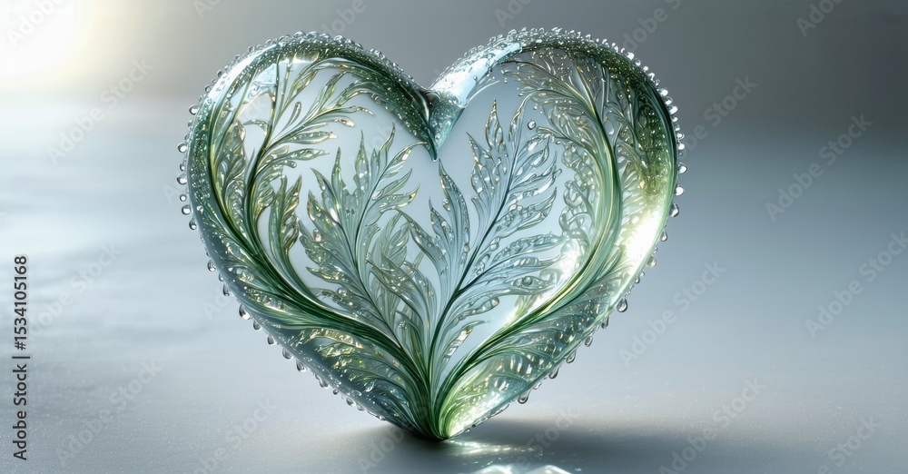 Poster Glass heart displays delicate leaf patterns. Water droplets reflect light, creating soft glow. Symbolism evokes nature, love, purity.