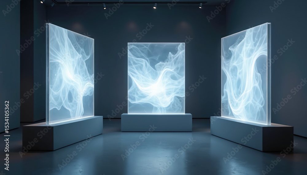 Poster Abstract illuminated displays feature light patterns in museum. Glowing screens, digital installation in modern art gallery space. Futuristic tech visual design.