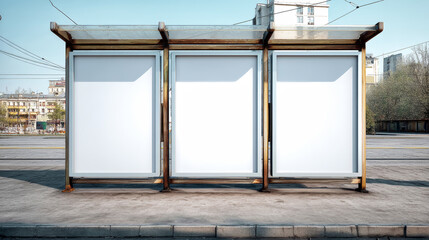 Vertical blank posters at a public transport stop inspire creative advertising possibilities in urban setting