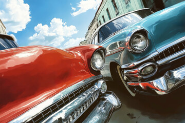 Vibrant portrayal of retro cars cruising through Cuban streets with a colorful vintage backdrop