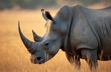 Textured rhino head portrait in golden hour field. White rhino face detail, large horn. Focus on animal skin texture, wildlife scene. Endangered species. Safari travel, nature, conservation themes.