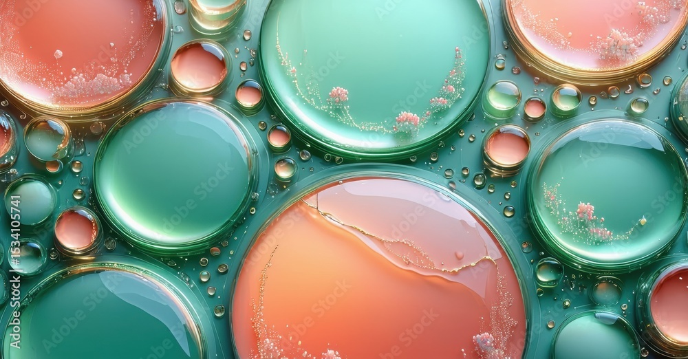 Aufkleber abstract macro photograph shows colorful liquid bubbles. teal, coral hues dominate composition. ligh