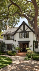 Ultra quality image of front view exterior, white brick home with dark wood accents and gable roof in beverly hills california. large oak trees surround house.
