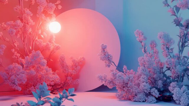 A pink and blue background with flowers in the fore