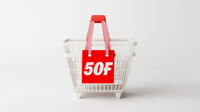 3D render of a plastic shopping basket with a red "50% OFF" discount tag attached, placed on a clean white background with realistic lighting, shadows, and minimal modern retail presentation

