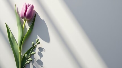 Mauve tulip with olive branch on gray canvas, soft minimalist floral layout with clean 16:9 format for branding.