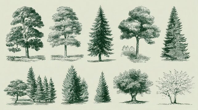 Ultra quality image of tree sketch hand drawn style types green forest pine treetops collection of birch, cedar and acacia or greenery garden with palm and sakura illustration.