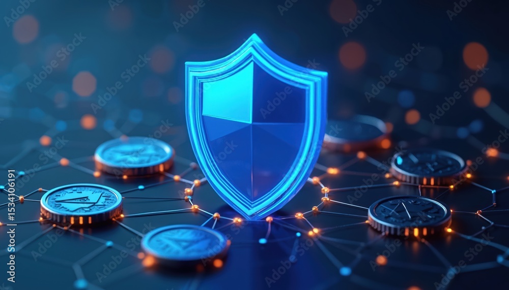 Poster Blue shield with coins symbolizes deposit insurance financial security in low poly digital style. Geometric background with wireframe connection structure. Modern concept of data protection.