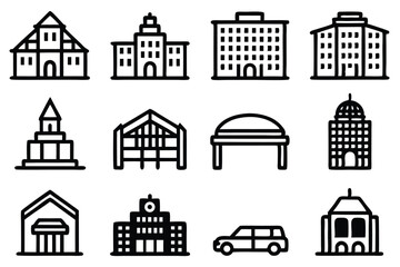 Black and white outlined vector illustration set of buildings and a vehicle for various uses