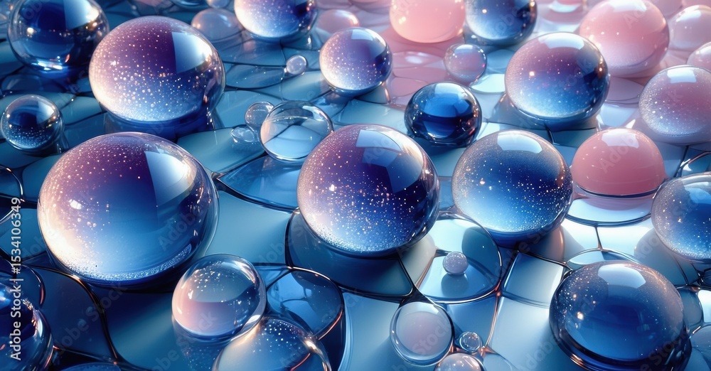Poster Abstract bubbles, varying sizes, blue pink hues. Reflective surfaces create dynamic visual texture. Glittering specks enhance depth.