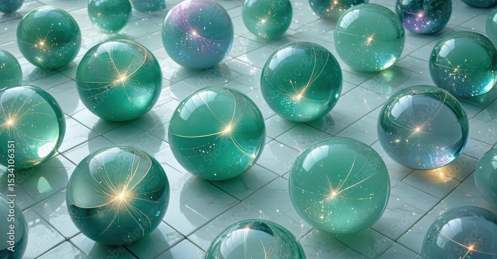 Poster glass spheres reflect light, creating sparkling patterns. tiles provide reflective surface for lumin