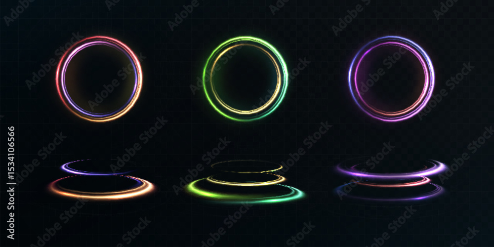 Poster Dynamic traces of light energy flow of vortex rings with bright glow. Suitable for game HUD, energy spells, magic effects, sci-fi animation.