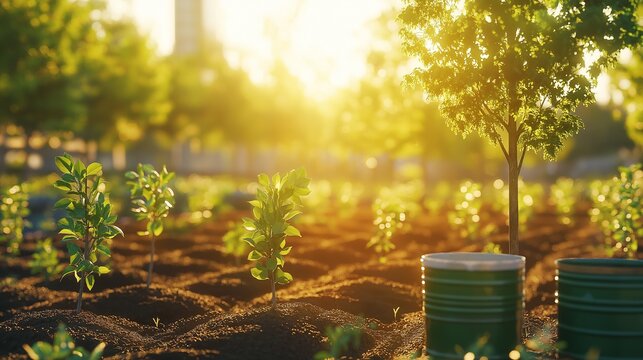 Ultra-realistic wide-angle scene of a tree plantation drive in an urban fringe zone with young saplings, natural compost beds, eco fences, and clean air, captured in soft evening light