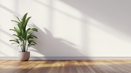 Sleek Minimalist White Wall with Potted Plant in Bright Room