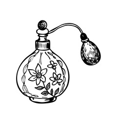 Elegant vintage perfume bottle sketch with bulb atomizer and engraved floral glass