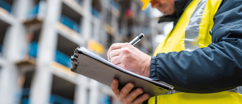 A construction worker in safety gear writing on a clipboard at a construction site