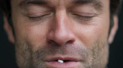 Obraz premium Man with closed eyes taking pill tablet.