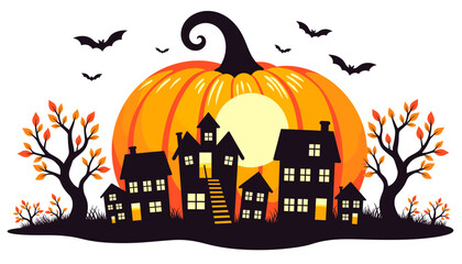 A whimsical pumpkin backdrop with haunted houses and bats, the concept of Halloween