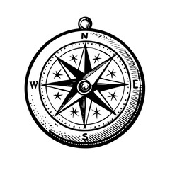 Hand-drawn vintage compass sketch with engraved lines and grain