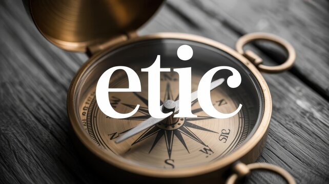 Vintage compass on wooden table with etic text overlay, symbolizing direction and guidance.