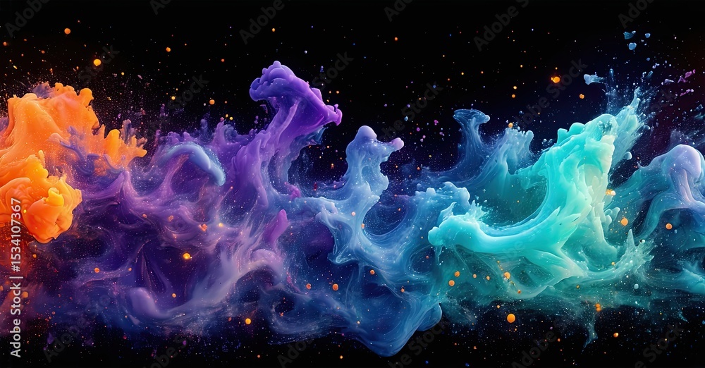 Poster Colorful ink swirls blend, creating dynamic abstract patterns against dark background. Vibrant hues evoke energy, movement.