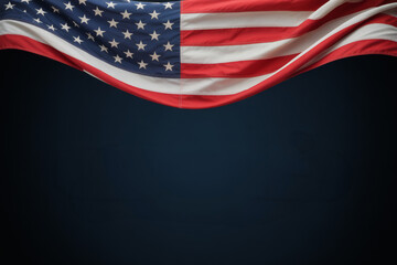 Grand Waving American Flag with Muted Dark Blue Background, Offering Serene Negative Space for Text or Graphics