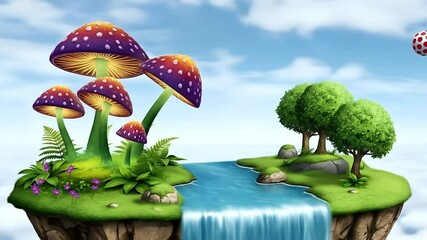 Animated Floating Island with Giant Mushrooms and Waterfall - Powered by Adobe
