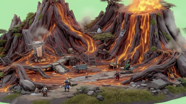 Isometric Volcano Landscape with Flowing Lava and Village Isolated on Green Screen Background Perfect for Game Design And Cinematics