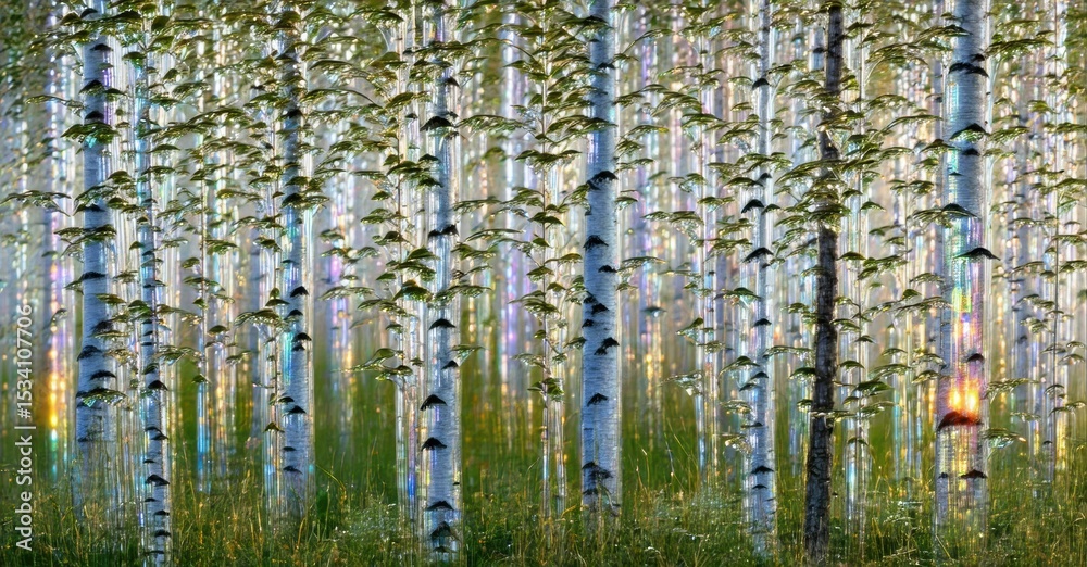 Poster Birch forest glows. Sunlight filters through trees creating shimmering effect. Dense foliage, peaceful scene, natures beauty.