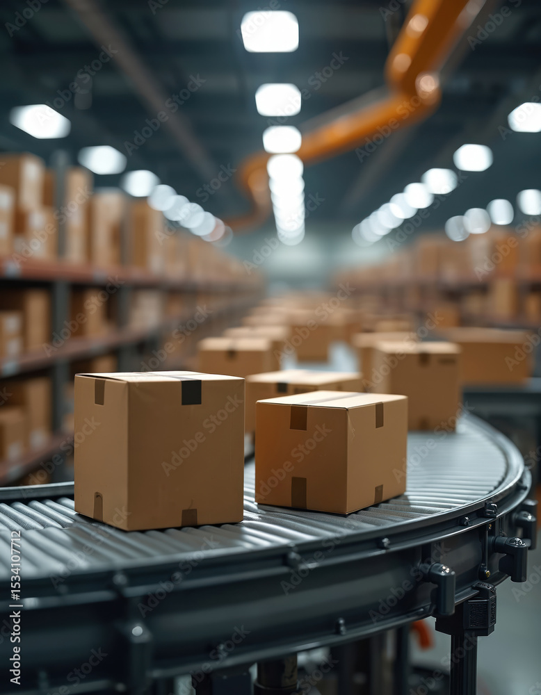 Poster Warehouse with automated conveyor belt sorting mechanism. Cardboard boxes on conveyor, ready for delivery. Efficiently process parcels. Modern tech in logistics. E-commerce, global shipping concept.