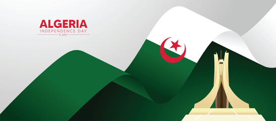 Algeria Independence Day 5 July flag ribbon with landmark vector poster