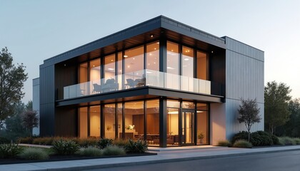 Obraz premium Minimalist two-story office building with modern glass facade. Contemporary architecture, urban design. Exterior view shows clean lines, glass walls, balcony. Business residential construction in