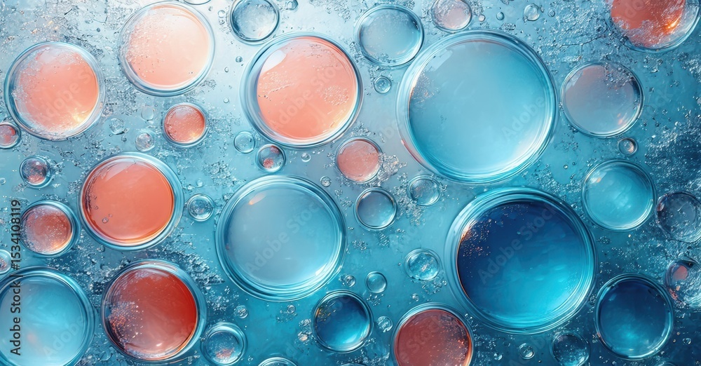 Poster Abstract macro photo shows colorful liquid bubbles. Blue, red hues create interesting texture, pattern. Fluid dynamics visible.