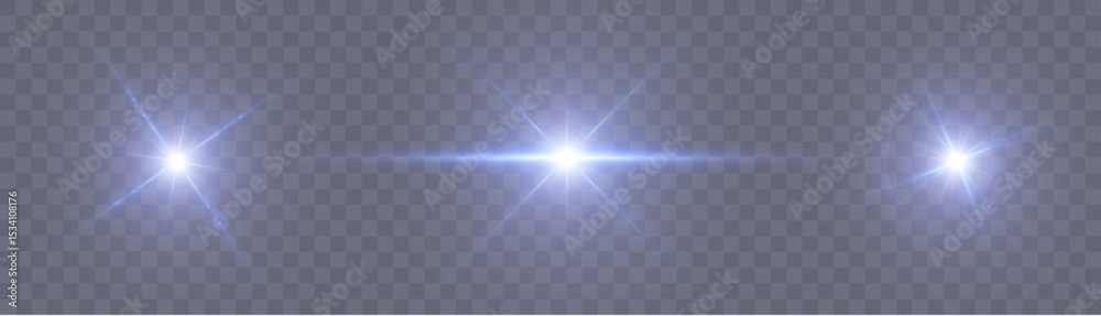 Poster Set of cold light reflections with sharp rays on transparent background. Effects for backlight and flashes.