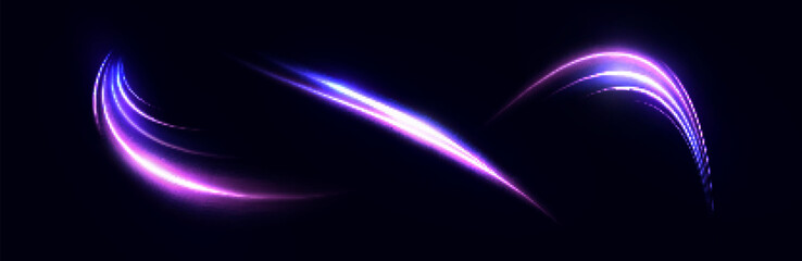 Set of light arcs in violet-blue glow on dark background. Speed ​​and neon radiation effects in sci-fi style.