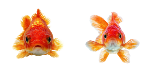Two vibrant goldfish with bright orange and white scales swim facing forward, showcasing their flowing fins and expressive eyes.