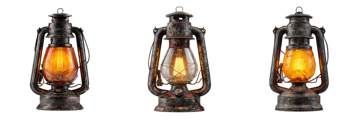 Three vintage metal lanterns with glass enclosures, featuring glowing orange flames inside, showcasing classic rustic design and warm light.